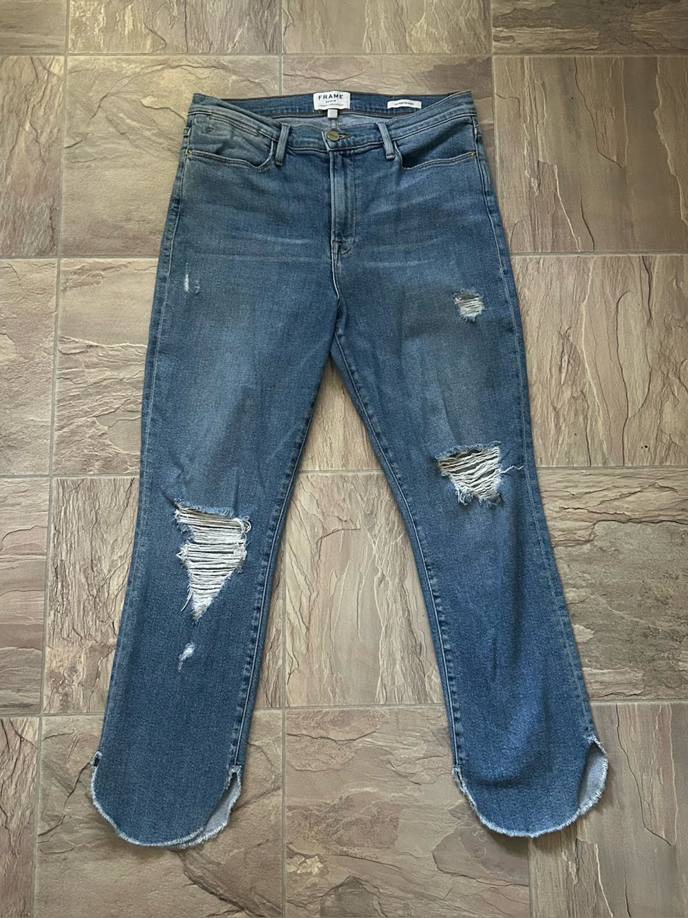 Frame Denim Le High Straight Medium Wash Distressed Jeans